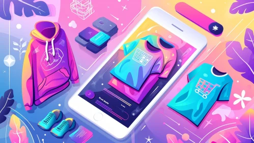 Mobile Phone Shopping App Illustration with Clothing Items