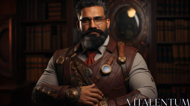 Steampunk Style Man in Library AI Image