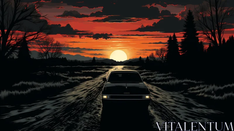 Sunset Car Drive Digital Painting AI Image