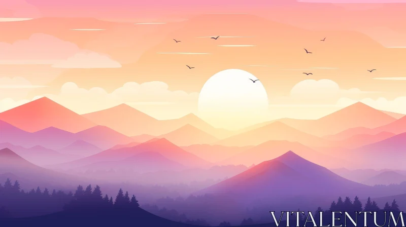 AI ART Sunset Mountains Landscape - Serene Nature Scene