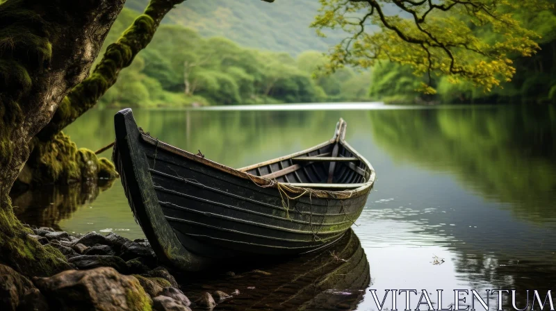 Tranquil Lake Scene with Weathered Wooden Boat AI Image