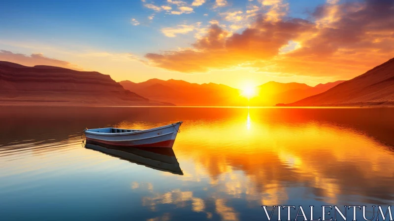 AI ART Tranquil Sunset Over Lake with Boat and Mountains
