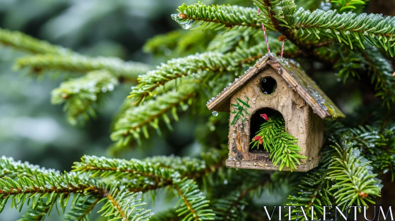 Wooden Birdhouse Hanging from Fir Tree Branch - Captivating Nature Photography AI Image