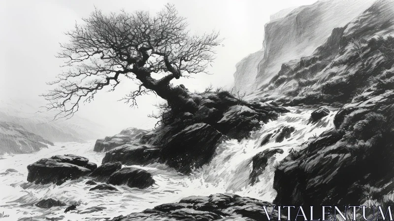 Black and White Pencil Drawing of a Twisted Tree on a Rocky Cliff AI Image
