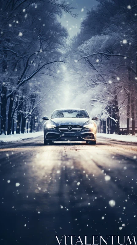 Black Mercedes-Benz S-Class Driving in Snowy Forest AI Image
