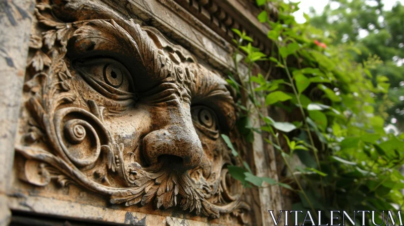 Close-Up Stone Sculpture on Building: Realistic Style, Detailed Facial Features AI Image