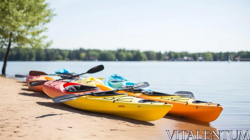 Colorful Kayaks on Tranquil Lake Shore AI Image