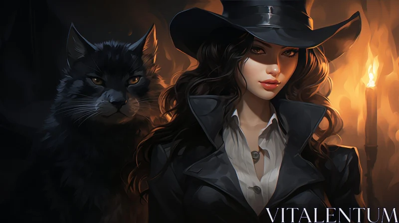 Dark Portrait of Mysterious Woman with Black Cat AI Image
