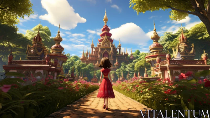 Enchanting Fantasy World with Young Girl in Red Dress AI Image