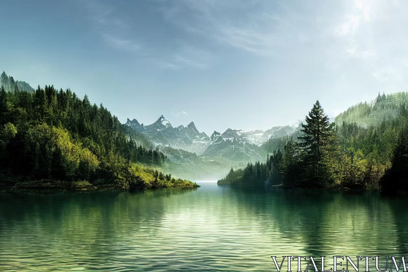 Ethereal Nature Scene: Serene Lake and Majestic Mountains AI Image
