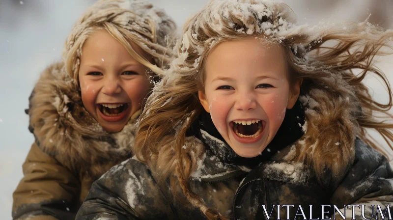 Joyful Girls Sledding Down Snowy Hill AI Image