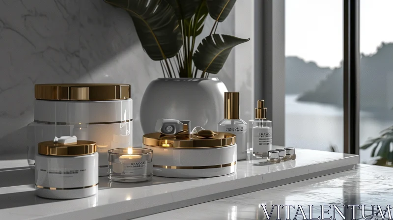 Luxurious Bathroom Counter with Plant and Beauty Products AI Image