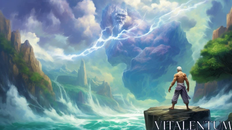 Man on Cliff Facing Stormy Sea - Surrealistic Painting AI Image