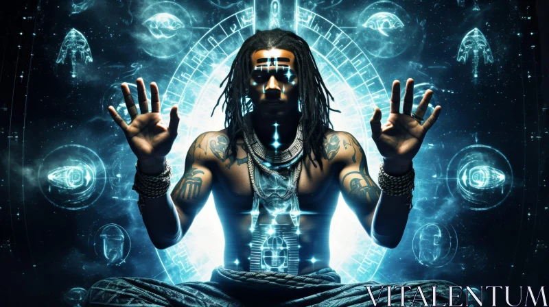 Meditating Man with Dreadlocks and Tattoos in Blue Glow AI Image
