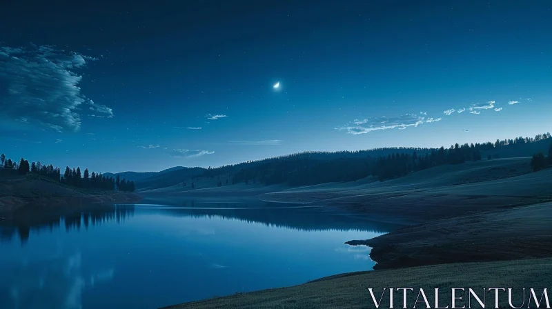 Night Landscape Photo of Calm Lake with Crescent Moon AI Image