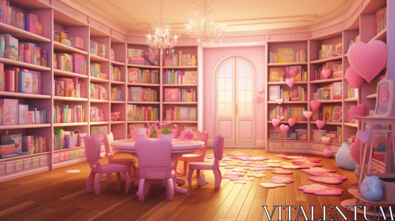 AI ART Pink Library 3D Rendering - Dreamy Architecture Design