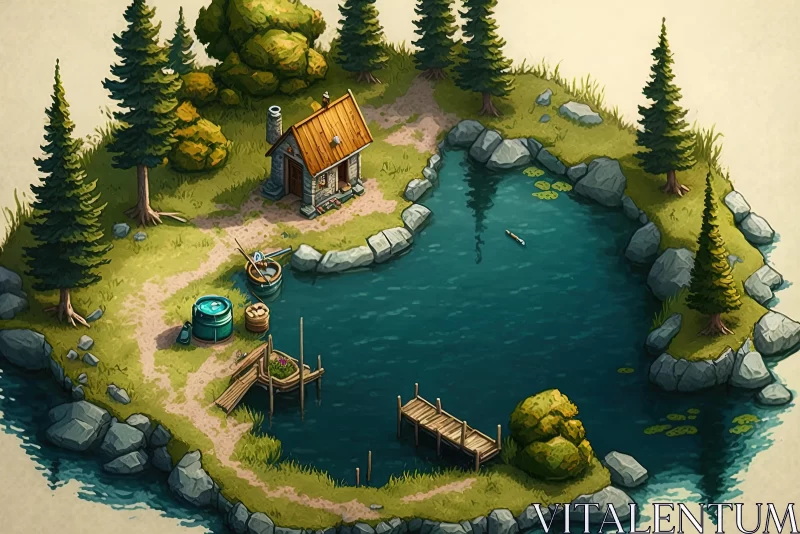 Pixel Art: Serene Wooden Cottage by Pond | 2D Game Art AI Image