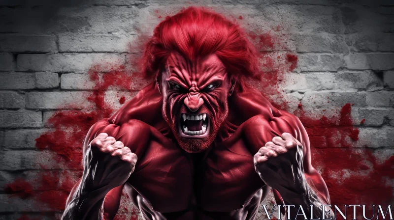 Powerful Muscular Man in Red Against Brick Wall AI Image