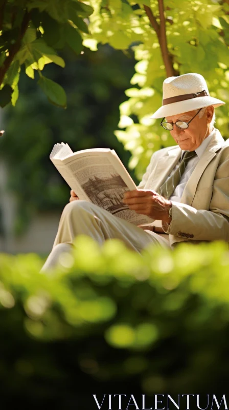 Senior Man Reading Newspaper in Park AI Image