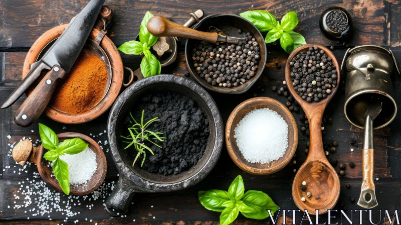 Spices and Herbs on Wooden Background: A Visual Feast AI Image