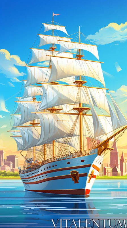 Tall Ship Digital Painting in Harbor Cityscape AI Image