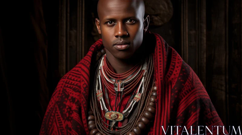 Traditional African Man Portrait in Red and White Beaded Necklace AI Image
