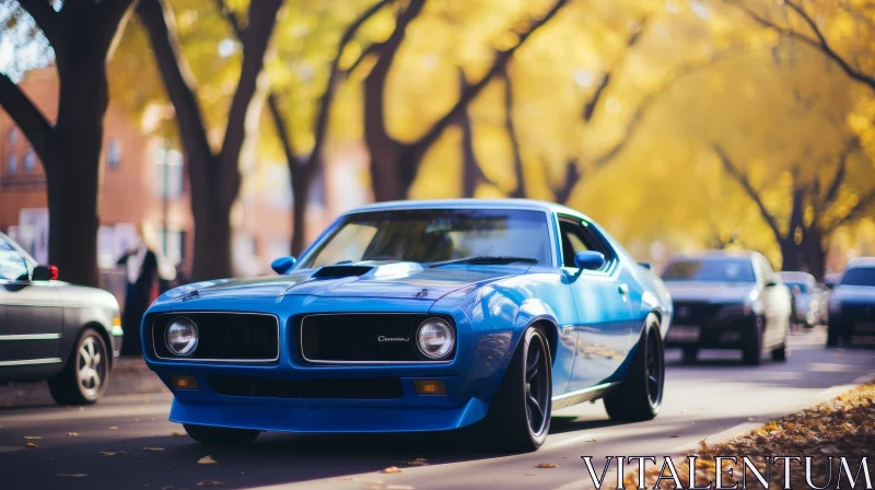 Vintage Blue Pontiac GTO on Tree-Lined Street AI Image