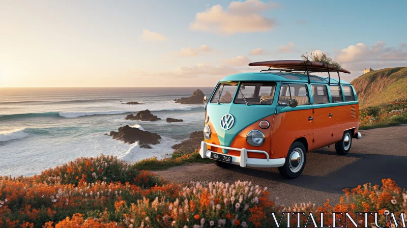 Vintage Volkswagen Bus Parked on Cliffside Overlooking Ocean AI Image