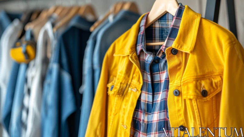 AI ART Yellow Denim Jacket with Plaid Shirt Hanging in Clothing Store