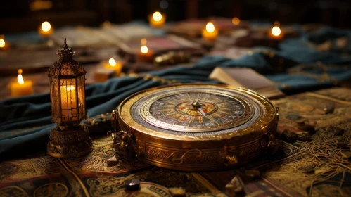 Antique Golden Compass with Candles and Green Cloth