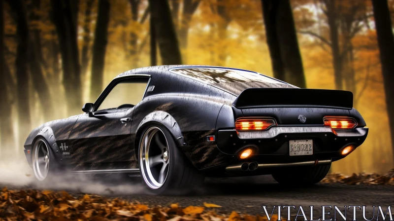Black Muscle Car in Fall Forest | Automotive Digital Painting AI Image