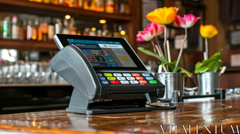 Black POS Terminal on Wooden Bar Counter in Restaurant or Bar AI Image