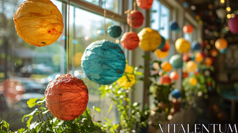 Colorful Paper Lanterns Adorning a Window: A Festive Scene AI Image