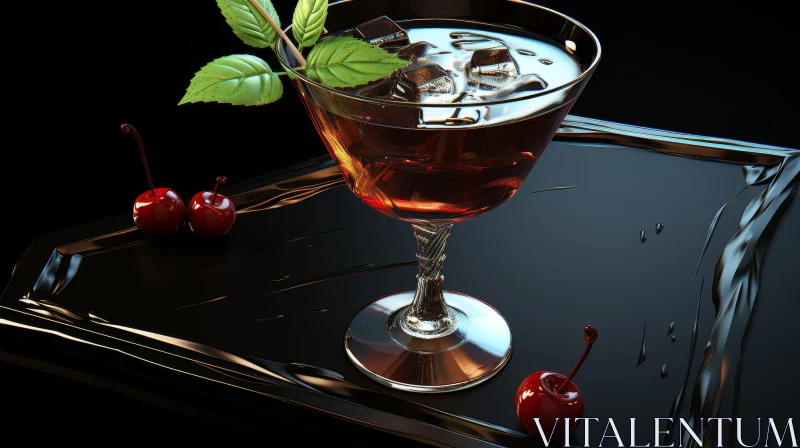 Dark Red Cocktail with Ice Cubes and Cherries AI Image