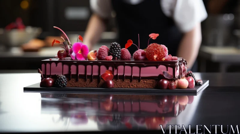 Decadent Chocolate Cake with Berries and Flowers AI Image