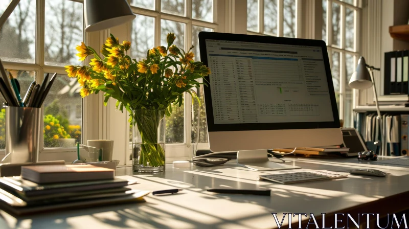 Elegant Home Office Desk with Computer and Yellow Flowers AI Image