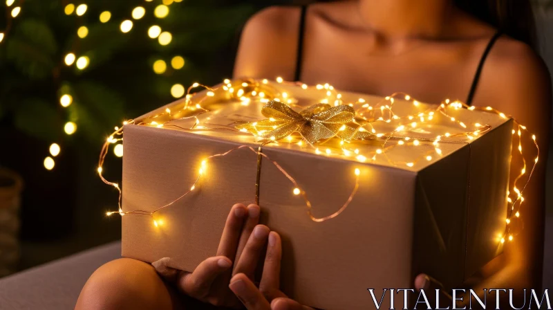 Elegant Woman with Golden Gift Box and Lights AI Image