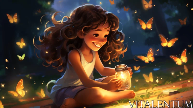 Enchanting Forest Scene with Young Girl and Fireflies AI Image