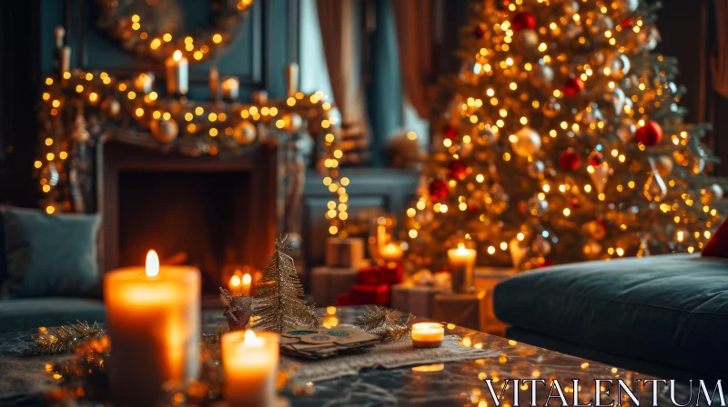 Festive Christmas Living Room Decoration with Tree, Fireplace, and Candles AI Image