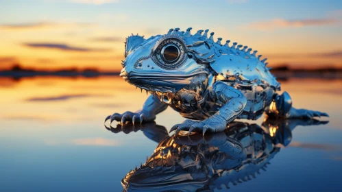 Futuristic Chrome Lizard on Water - Metallic Realism Art