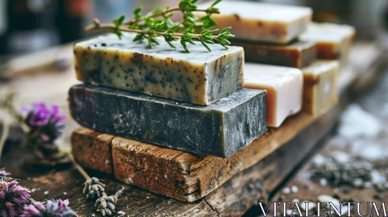 Handmade Soap Bars on Wooden Table with Dried Flowers and Herbs AI Image