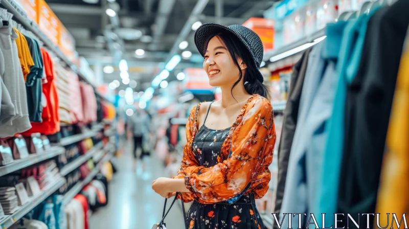 Joyful Asian Woman Shopping in a Clothing Store AI Image
