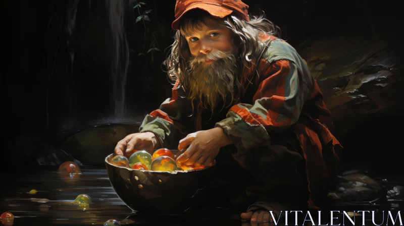 Man Holding a Bowl of Coins: A Colorful Serene Painting AI Image