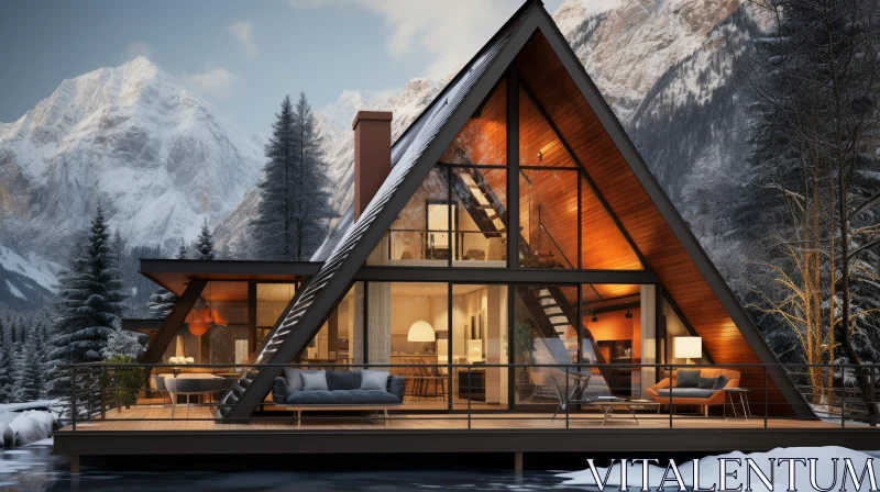 Modern A-Frame Cabin in Snowy Mountains AI Image