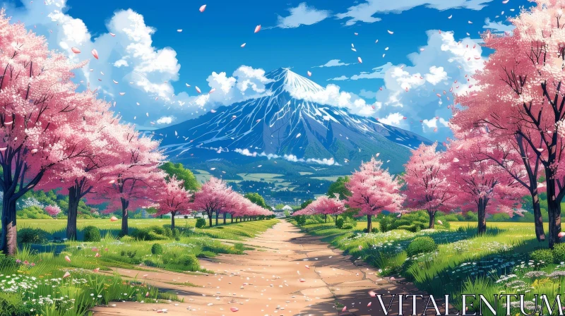 AI ART Snowy Mountain and Cherry Blossom Trees Landscape