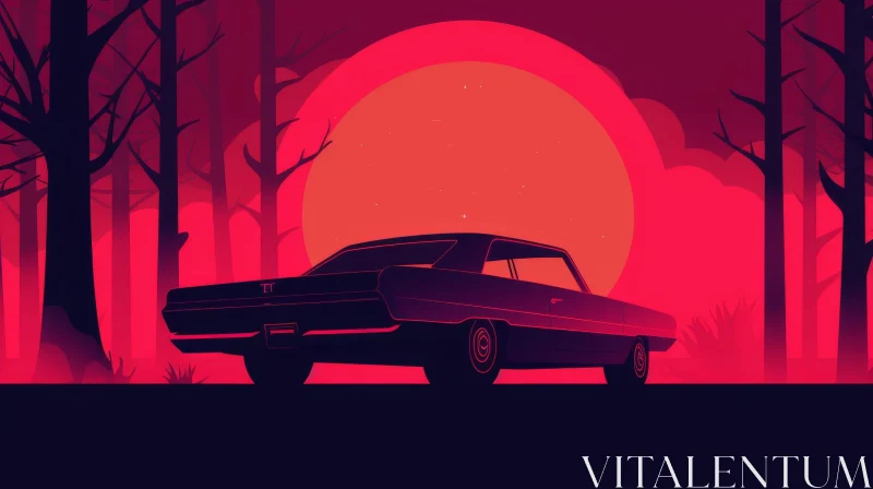 Sunset Forest Drive: Retro Car Illustration AI Image