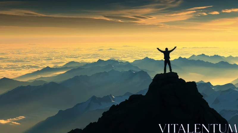 Triumphant Man on Mountaintop at Sunset AI Image