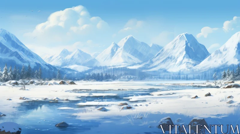 AI ART Winter Landscape with Snow-Capped Mountains and Frozen River