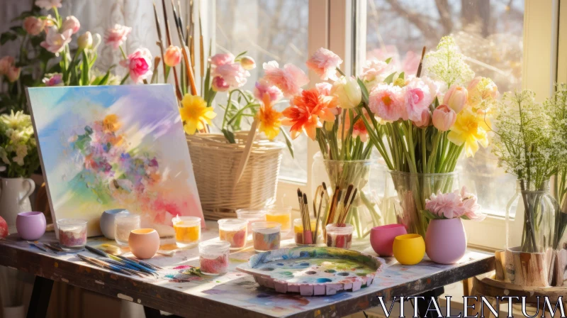Artist's Creative Workspace with Colorful Tulips and Paintbrushes AI Image