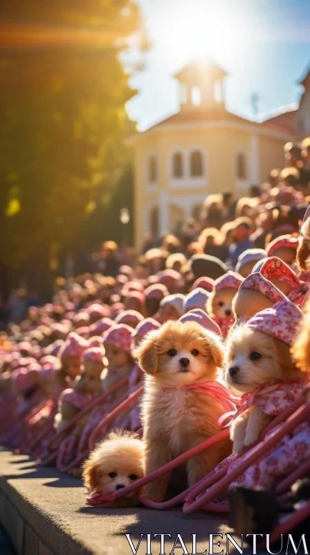 Canine Camaraderie: Dogs in Elaborate Costumes under Sunrays AI Image